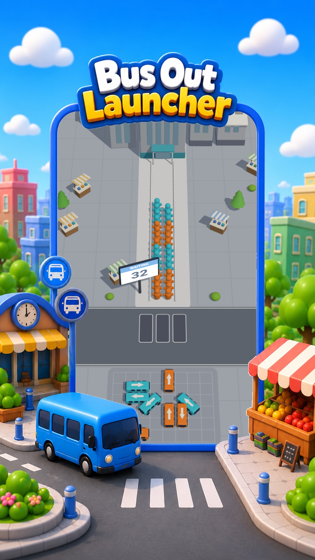Bus Out Launcher preview with bus queue gameplay and city artwork