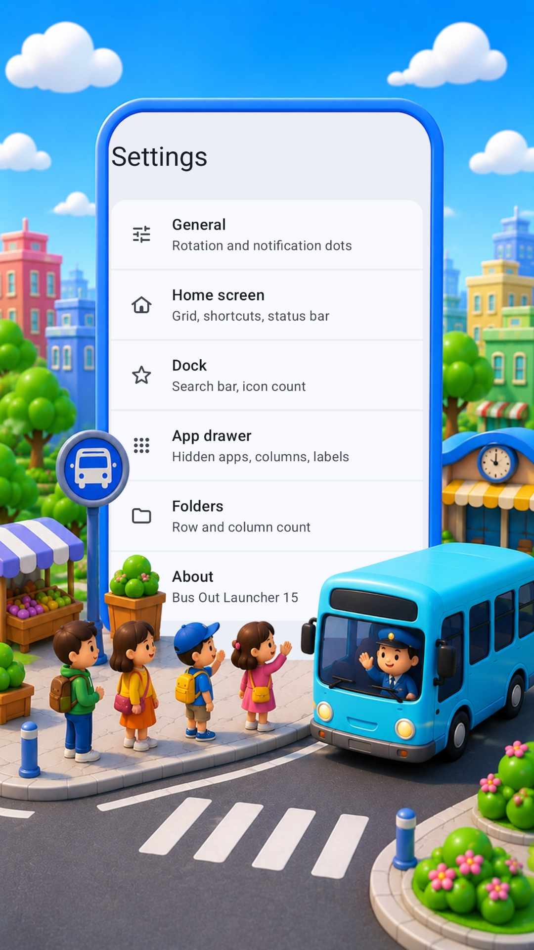 Bus Out Launcher settings screen preview